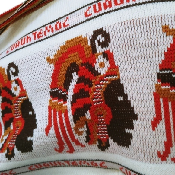 Vintage Intarsia Knit Cuauhtemoc Aztec  Fringed Poncho Beige/Orange/Brown - Picture 7 of 9